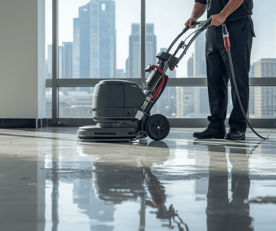 Floor care specialist buffing and polishing a glossy commercial floor using a professional-grade scrubber machine with a downtown cityscape visible through the windows