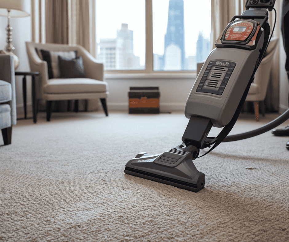 Cleaning professional using a canister vacuum to deep clean a white carpet in a modern living room with a sofa in the background