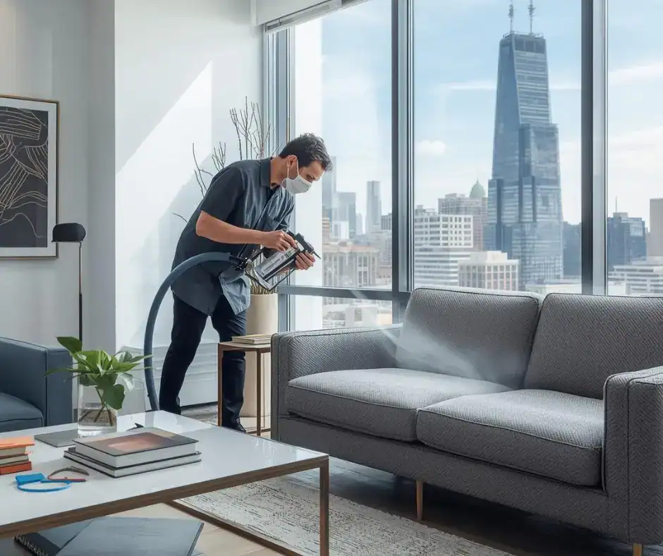 Technician applying fabric protection treatment to a gray sofa in a Chicago high-rise apartment with city skyline views