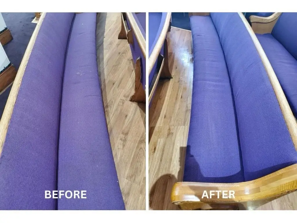 Before and after upholstery cleaning of church pews in Chicago — fabric refreshed and restored by Carpet Cleaning Group