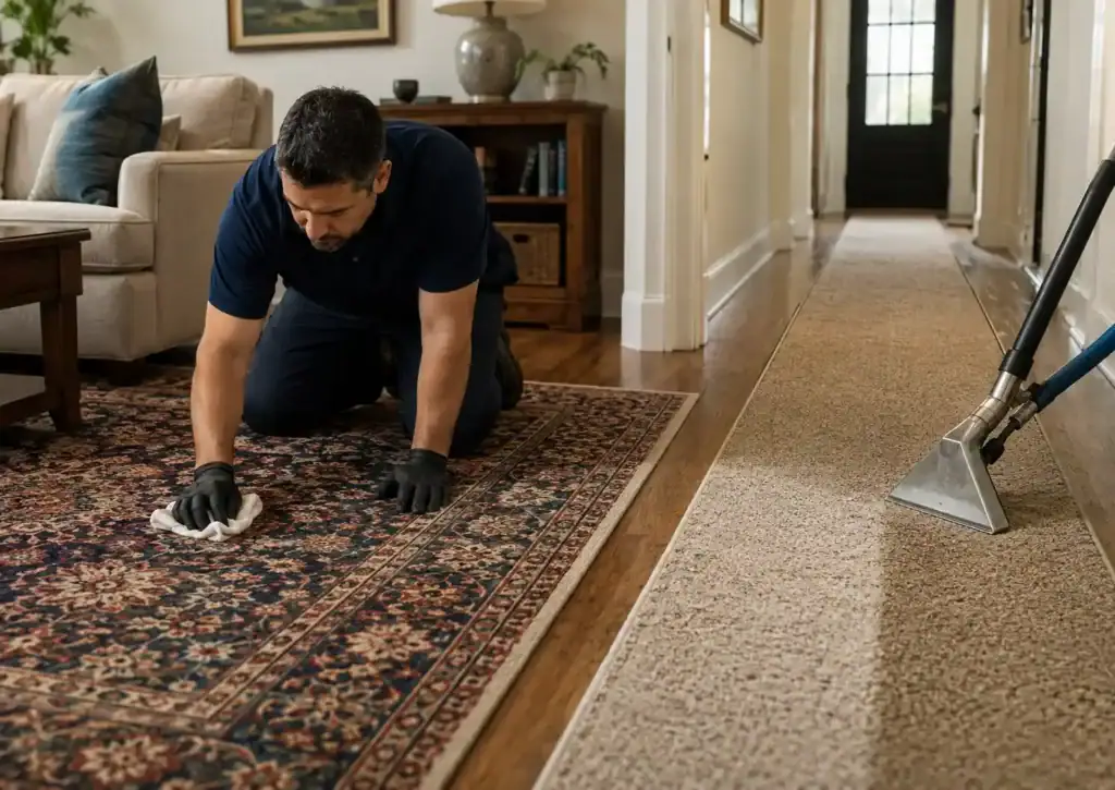Professional area rug cleaning in Chicago for wool rug and synthetic hallway runner care.