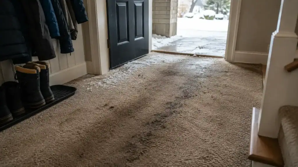 Chicago winter salt carpet damage in a home entryway