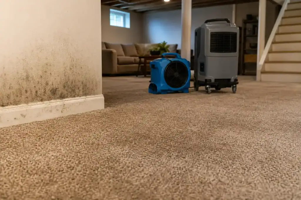 Musty carpet smell treatment in a Chicago basement by Carpet Cleaning Group