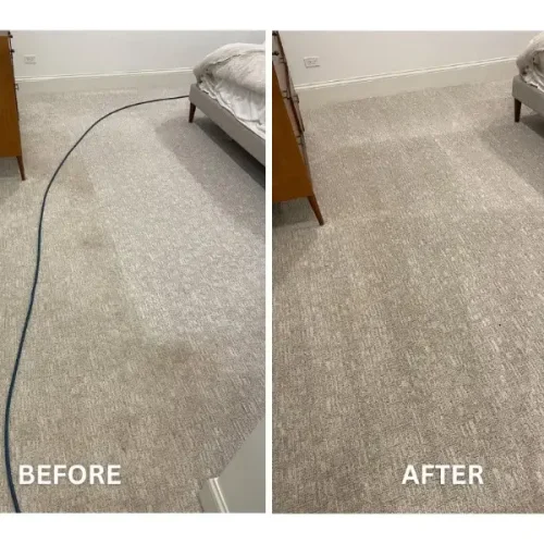 Before and after carpet cleaning in a Chicago bedroom — stains fully removed by Carpet Cleaning Group